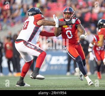 Ottawa, Canada. 19 août 2023. Shawn Lemon (0) des Alouettes de Montréal joue en saison régulière dans la Ligue canadienne de football (LCF) entre les Alouettes de Montréal aux Redblacks d'Ottawa. Les Alouettes de Montréal ont remporté le match 25-24. 2023 Copyright Sean Burges / Mundo Sport Images / Alamy Live News Banque D'Images