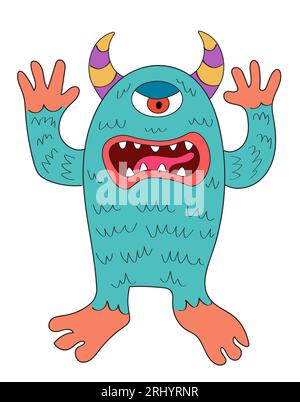 Effrayant monstre borgne Halloween avec des cornes et des dents pointues. Dessin de dessin animé de personnage animal effrayant mignon. Banque D'Images