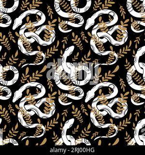 Vector Seamless modèle avec silhouettes de serpent blanc avec décorations tribales et tiges d'or sur un fond noir. Texture mystique avec serpents Illustration de Vecteur
