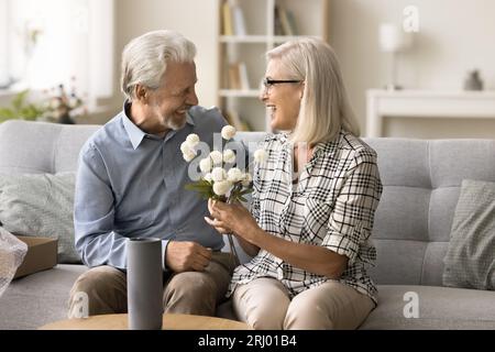Heureux couple senior célébrant l'anniversaire de mariage Banque D'Images