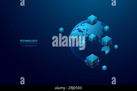 Icône blockchain numérique 3D sur fond de globe de technologie. Illustration de Vecteur