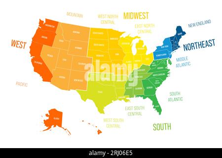 Régions et divisions des États-Unis - unités statistiques définies par le Bureau du recensement des États-Unis. Carte vectorielle colorée. Illustration de Vecteur