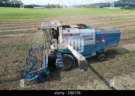 Moissonneuse-batteuse Fortschritt E 512 panorama aérien de la petite ferme agricole tchèque pendant la récolte avec la vieille moissonneuse dans les champs jaunes Banque D'Images