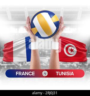 Concept de compétition de match de volley-ball des équipes nationales de France vs Tunisie. Banque D'Images