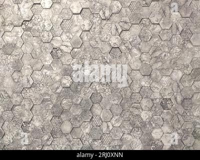 Carreaux de marbre hexagonal gris avec coulis blanc, bavkground de décoration intérieure sans couture. Mur en béton Banque D'Images