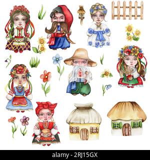 Ensemble de fille et garçon gnome en costume ukrainien national, maisons de campagne et fleurs. Conception pour fête de douche de bébé, anniversaire, gâteau, célébration de vacances Banque D'Images