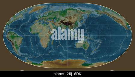 Limites des plaques tectoniques sur une carte physique du monde dans la projection loximutale centrée sur le méridien 90 longitude est Banque D'Images