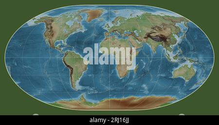 Limites des plaques tectoniques sur une carte altimétrique en couleur du monde dans la projection loximutale centrée sur la longitude 0 du méridien Banque D'Images