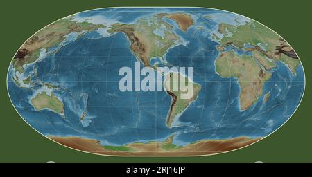 Limites des plaques tectoniques sur une carte altimétrique en couleur du monde dans la projection Loximutale centrée sur le méridien -90 longitude ouest Banque D'Images