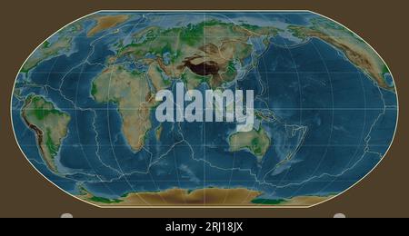 Limites des plaques tectoniques sur une carte physique du monde dans la projection de Robinson centrée sur le méridien 90 longitude est Banque D'Images