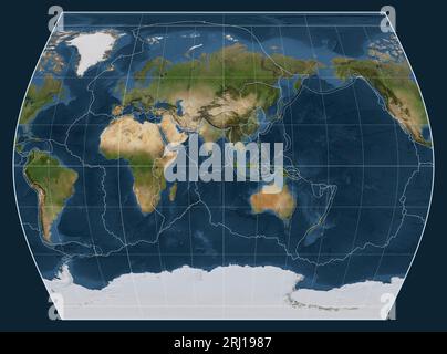 Limites des plaques tectoniques sur une carte satellite du monde dans la projection Times centrée sur le méridien 90 longitude est Banque D'Images