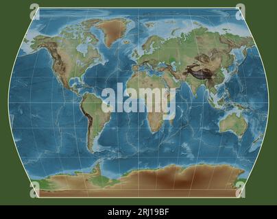 Limites des plaques tectoniques sur une carte altimétrique en couleur du monde dans la projection Times centrée sur la longitude du méridien 0 Banque D'Images