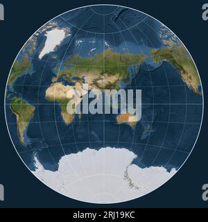 Carte satellite du monde dans la projection van der Grinten I centrée sur le méridien 90 longitude est Banque D'Images