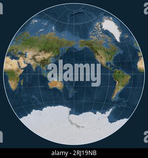 Carte satellite du monde dans la projection van der Grinten I centrée sur la longitude 180 du méridien Banque D'Images