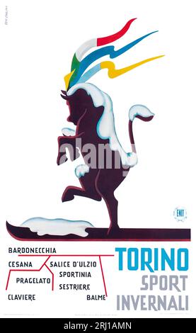 1950 affiche vintage Turin Winter Sport mettant en vedette les stations de Sestriere, Salice d'Ulzio (Sauze d'Oulx), Cesana, Pragelato. Balme et Bardonecchia Banque D'Images