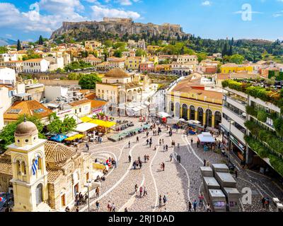 Place Monastiraki, rues pittoresques de la vieille ville, quartier de Plaka, Athènes, Grèce, Europe Banque D'Images
