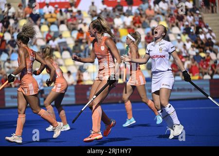 Monchengladbach, Allemagne. 20 août 2023. La Belge Charlotte Englebert réagit lors d'un match de hockey entre l'équipe nationale belge de hockey féminin Red Panthers et les pays-Bas, dimanche 20 août 2023 à Monchengladbach, Allemagne, match 2/3 dans la poule des championnats d'Europe de hockey féminin. Les championnats EuroHockey 2023 ont lieu du 18 au 27 août 2023. BELGA PHOTO DIRK WAEM crédit : Belga News Agency/Alamy Live News Banque D'Images