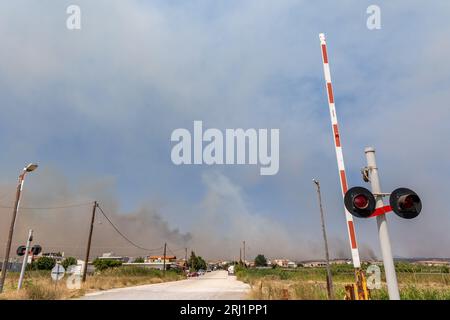 Incendie de forêt massif à Alexandroupolis Evros Grèce, près de l'aéroport et Apalos, situation d'urgence, lutte contre les incendies aériens. Banque D'Images