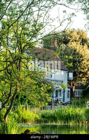 The Huntsman and Horn public House à Broomfield, Kent. Vue de l'autre côté de l'étang du village, à travers les arbres et le feuillage dans l'heure dorée du matin. Banque D'Images