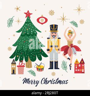 Joyeux Noël, nouvel an ensemble avec ballerine, Mouse King et casse-noisette. Carte de Noël trois et jouets Illustration de Vecteur