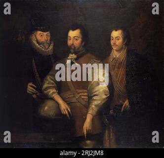 Portrait élisabéthain de trois explorateurs célèbres : Thomas Cavendish, Sir Francis Drake et Sir John Hawkins. Banque D'Images