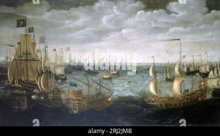 Une peinture à l'huile montrant des fièvres anglais lancés à l'armada espagnole au large de Gravlines près de Calais Banque D'Images