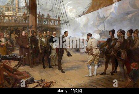 L'amiral Pedro de Valdés rend son épée à Francis Drake à bord de Revenge lors de l'attaque de l'Armada espagnole en 1588. Huile sur toile de John Seymour Lucas (1889) Banque D'Images