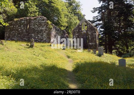 Situé dans le cimetière Kilmoluag, les vestiges de la chapelle Saint-Maol-luag et le mausolée Macleod à Clachan sur l'île de Raasay dans les Hébrides intérieures Banque D'Images