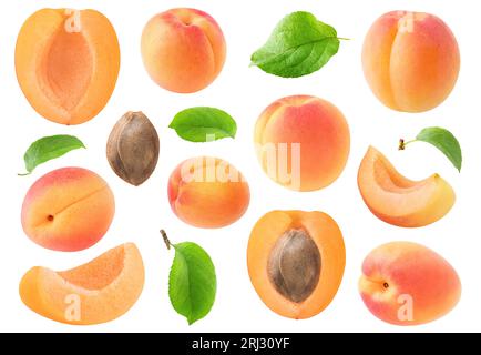 Collection de fruits d'abricot crus, avec des morceaux, des feuilles et du noyau isolé sur fond blanc Banque D'Images