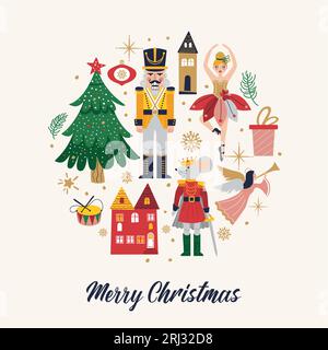Joyeux Noël, nouvel an ensemble avec ballerine, Mouse King et casse-noisette. Carte de Noël trois et jouets Illustration de Vecteur