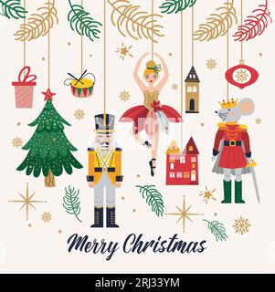 Joyeux Noël, nouvel an ensemble avec ballerine, Mouse King et casse-noisette. Carte de Noël trois et jouets Illustration de Vecteur