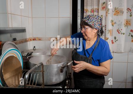 Gros plan de femme âgée latine cuisinant oignon et viande pour remplir empanada chilienne cuite Banque D'Images