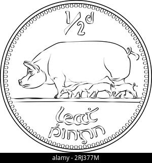 Monnaie irlandaise pièce d'or pré-décimale Halfpenny avec cochons sur le revers. Image en noir et blanc Illustration de Vecteur