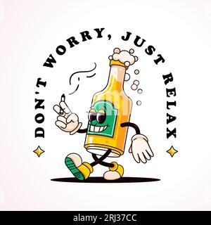 Mascotte de dessin animé rétro de bouteille de bière à pied. Parfait pour les logos, t-shirts, autocollants et affiches Illustration de Vecteur