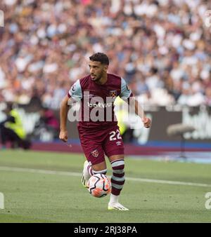 Londres, Royaume-Uni. 20 août 2023. Dit Benrahma de West Ham Utd en action. Match de Premier League, West Ham Utd v Chelsea au London Stadium, Queen Elizabeth Olympic Park à Londres le dimanche 20 août 2023. Cette image ne peut être utilisée qu'à des fins éditoriales. Usage éditorial seulement photo de Sandra Mailer/Andrew Orchard photographie sportive/Alamy Live News crédit : Andrew Orchard photographie sportive/Alamy Live News Banque D'Images