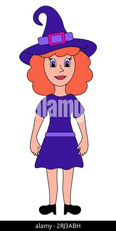 Petite sorcière. Fête d'Halloween. Red Hair Girl en costume violet. Chapeau de sorcière et robe. Illustration Vector Flat. Illustration de Vecteur