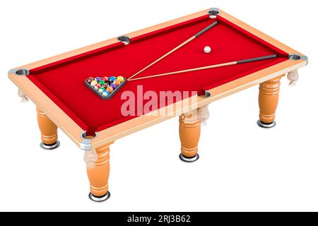 Table de billard rouge avec boules et queue, rendu 3D isolé sur fond blanc Banque D'Images