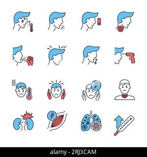 Ensemble d'icônes vectorielles liées aux symptômes du coronavirus. Contient des icônes telles que maux de tête, fièvre, haute température, pneumonie, mal de gorge, toux, douleurs musculaires, k Illustration de Vecteur