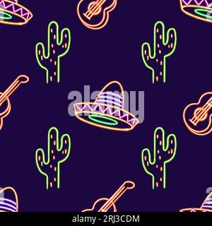 Vibrant Neon Sombrero Pattern, Cactus coloré et Guitar Design. icône brillante de bureau, autocollant néon, figure néon, figure brillante, néon géométrique Banque D'Images