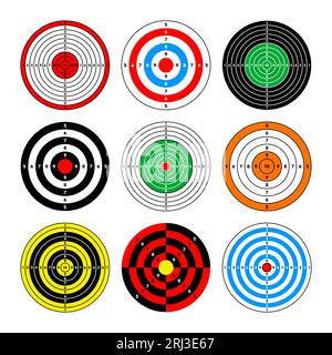 Cibles en papier du champ de tir. Cible ronde avec divisions, marques et numéros. Tir à l'arc, entraînement au tir à l'arme à feu, compétition sportive et Illustration de Vecteur