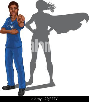 Super Hero Black Woman Docteur ou infirmière pointant Illustration de Vecteur