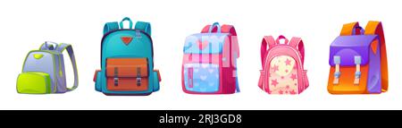 Ensemble de sacs scolaires pour enfants isolés sur fond blanc. Illustration vectorielle représentant des sacs à dos en tissu colorés avec poches et badges. Collection de Illustration de Vecteur