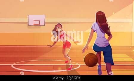 Fille jouer sur fond de vecteur de dessin animé de salle de terrain de basket-ball d'école. Terrain de gymnase intérieur dans l'intérieur de gymnase avec entraînement d'adolescent. parquet en bois en univ Illustration de Vecteur