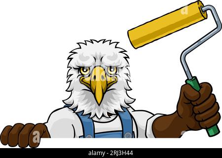 Eagle Painter Decorator Paint Roller Mascot Man Illustration de Vecteur