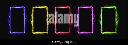 Vecteur de cadre de lueur électrique à effet de foudre néon. Bordure d'étincelle magique avec l'énergie de signe de tonnerre. Forme de rectangle de portail magique avec décharge de plasma LED Illustration de Vecteur