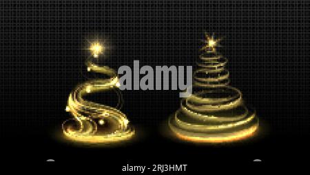 Ensemble réaliste d'arbres de Noël de lumière spirale isolés sur fond transparent. Illustration de dessin animé vectoriel de tourbillons dorés de Noël décorés de yel Illustration de Vecteur