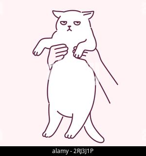 Mains tenant le gros chat grincheux. Dessin drôle de dessin animé, illustration vectorielle mignonne et simple. Gribouloche de chat blanc. Illustration de Vecteur