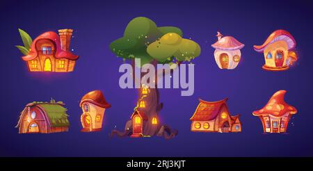 Ensemble de jolies maisons de conte de fées la nuit isolé sur fond. Illustration de dessin animé vectoriel d'arbre fantastique, de pierre et de cabanes de champignons avec porte en bois, p Illustration de Vecteur