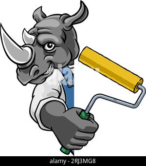 Rhino Painter Decorator Paint Roller Mascot Homme Illustration de Vecteur