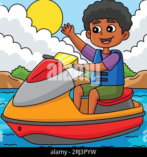 Boy Riding a Jet ski Summer Colored Cartoon Illustration de Vecteur